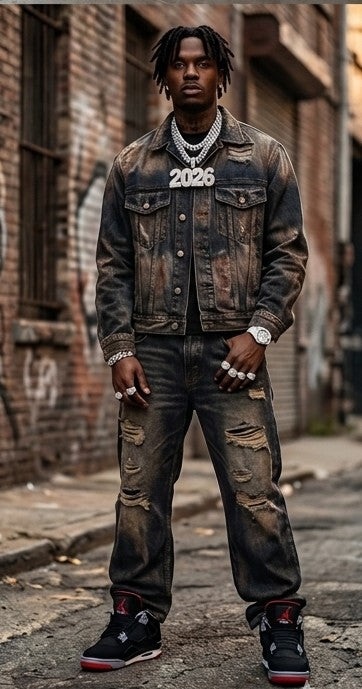Men's Denim Colorblock Gradient Faded Checker Pattern Ripped Jean Jacket + Wide Leg Streetwear Hip-Hop Men's 2-Piece Set