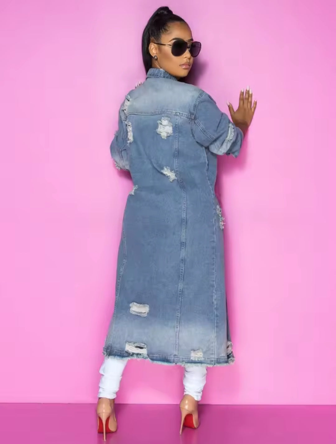 Denim Blue Washed Ripped Double Pocket Hole Design Turn-Down Collar Long Sleeve Women's Jean Trenchcoat to 5X Plus Size