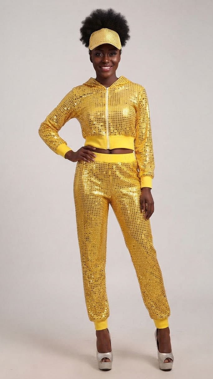 Sequin Metallic Sparkling Glitter Women's Zipper Bomber Jacket + Matching Sweatpants Tracksuit to 3X Plus Size