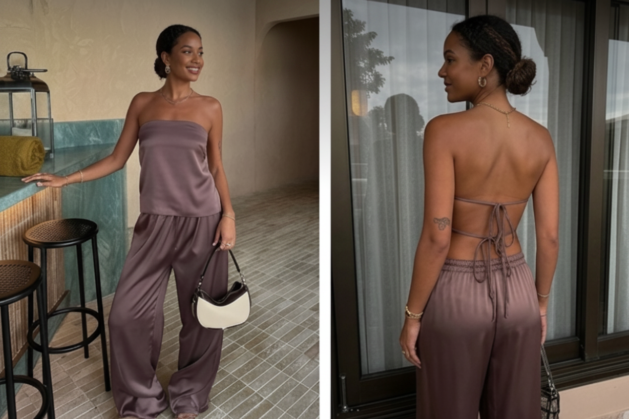 Satin Sleeveless Backless Women's Lace-Up Crop Top + Wide Leg Pants Solid Color 2-Piece Set