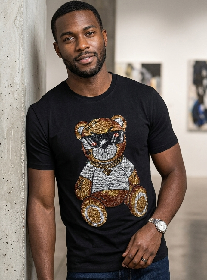 Men's Rhinestone Hip-Hop Teddy Bear Print O-Neck Short Sleeve T-Shirt