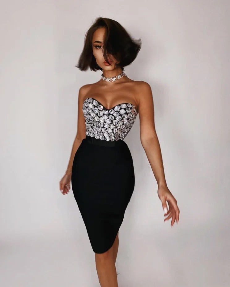 Gem Rhinestone Embellished Tube Corset Top + Midi Solid Skirt 2-Piece Set