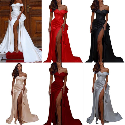 Oversized Ruched Ruffled Off-the-Shoulder High Slit Floor-Length Evening Gown Maxi Formal Party Dress to 20W Plus Size