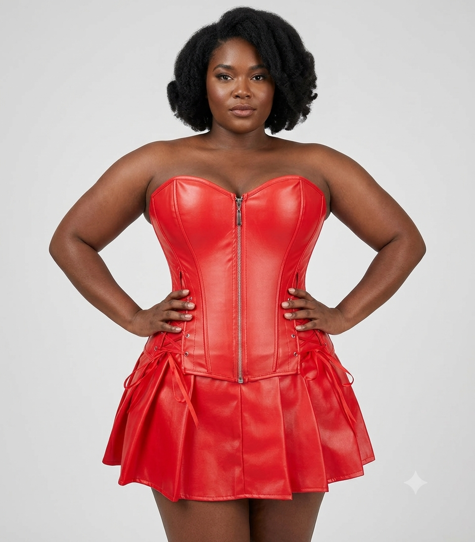 Sleeveless Pleated Hem PU Leather Zipper Front Overbust Bustier Corset Mini Tube Top Dress to 6X Plus Size