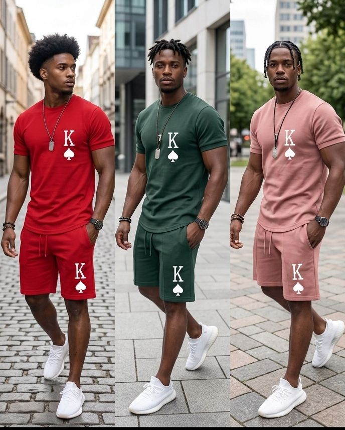 Men's King Of Spades Print Loose Solid Color Casual T-Shirt + Shorts 2-Piece Set to 6X Big & Tall