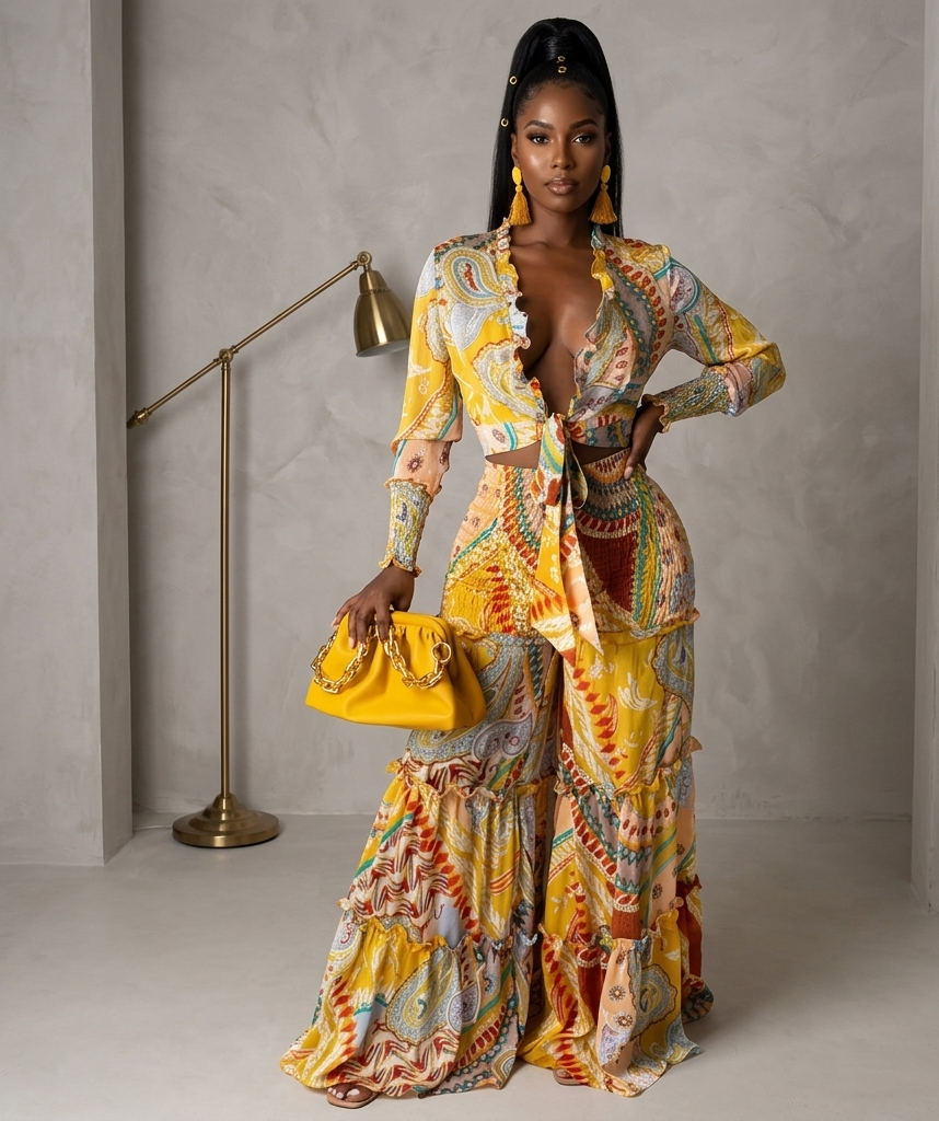 Paisley Floral Tie Front Women's Printed Long Sleeve Bodycon Crop Top + Baggy Pleated Pants 2-Piece Set