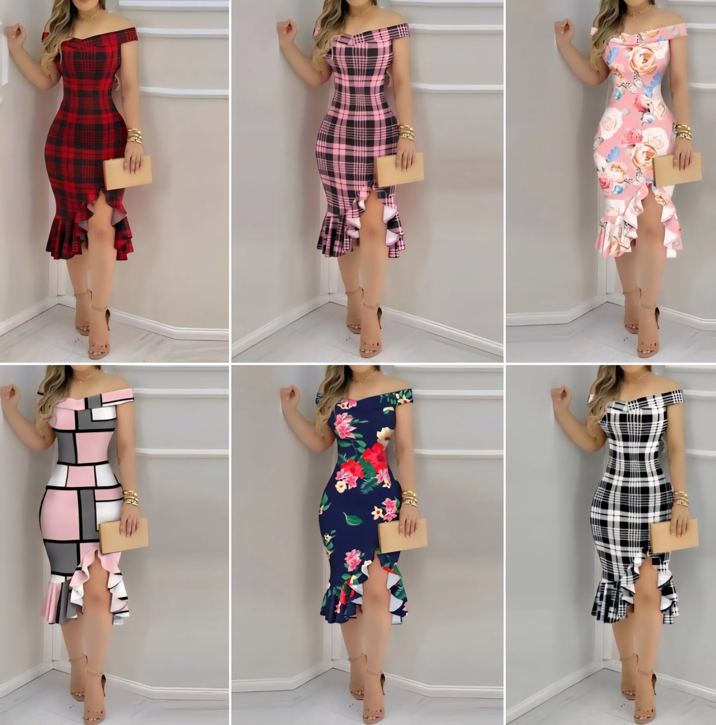 Floral/Plaid/Geometric Print Off-the-Shoulder Ruffled Bodycon Midi Dress