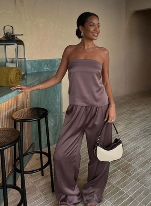 Satin Sleeveless Backless Women's Lace-Up Crop Top + Wide Leg Pants Solid Color 2-Piece Set