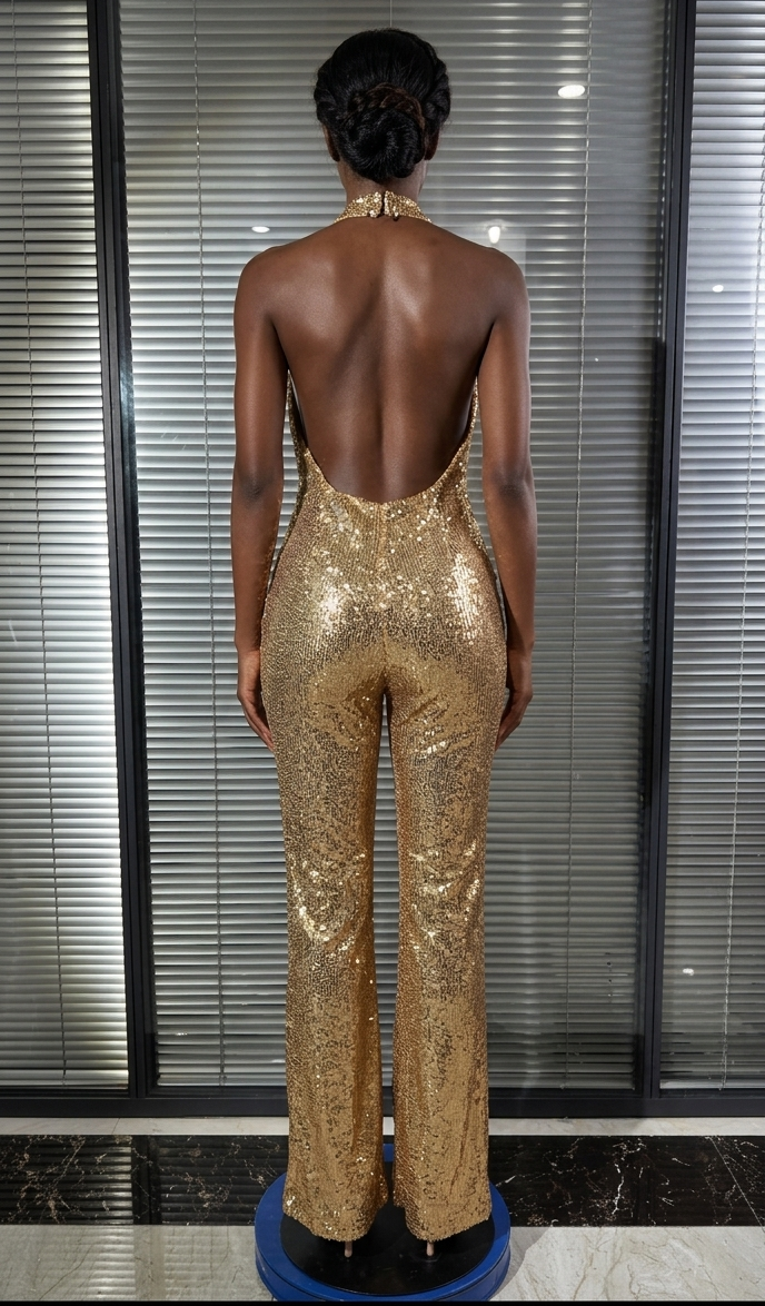 Gold Sequin Sparkling Glitter Pattern Sleeveless Deep V-Neck Plunge Women's Formal Party Jumpsuit