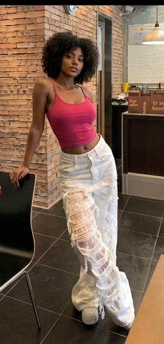 White Ripped Lace Fringe Hollow-Out Design Wide Leg Women's Hip-Hop Streetwear Jeans