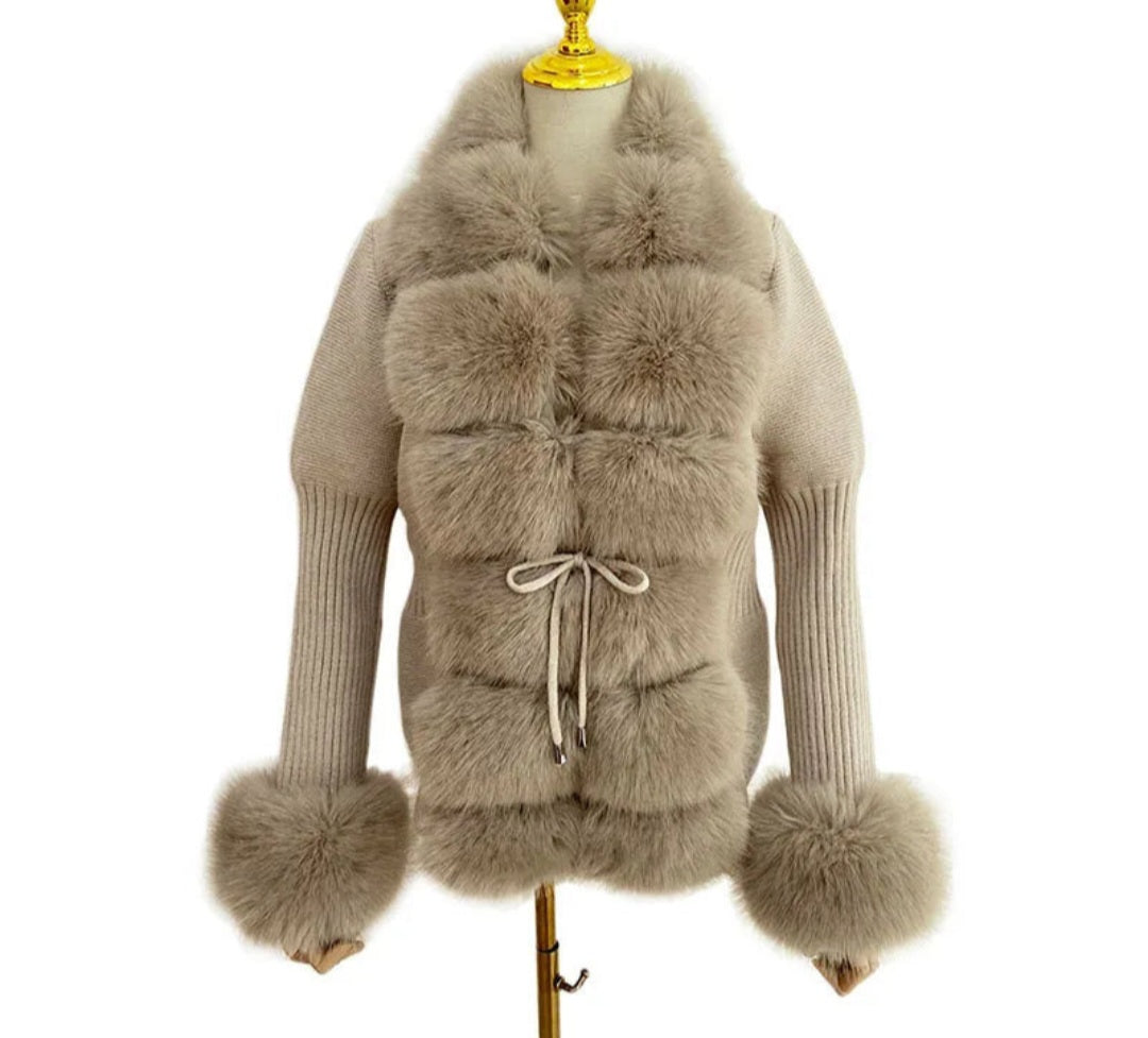 Faux Fur Ladies Knitted Detachable Collar Cardigan Sweater Jacket