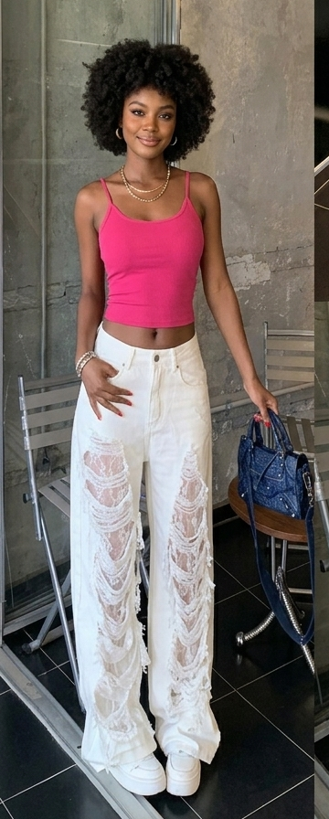 White Ripped Lace Fringe Hollow-Out Design Wide Leg Women's Hip-Hop Streetwear Jeans