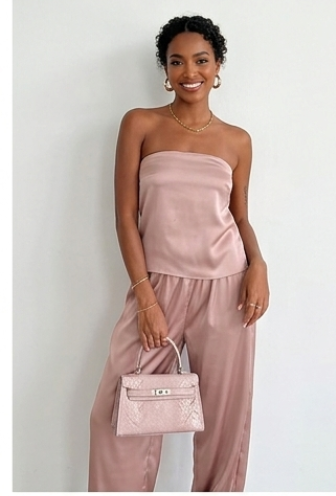 Satin Sleeveless Backless Women's Lace-Up Crop Top + Wide Leg Pants Solid Color 2-Piece Set