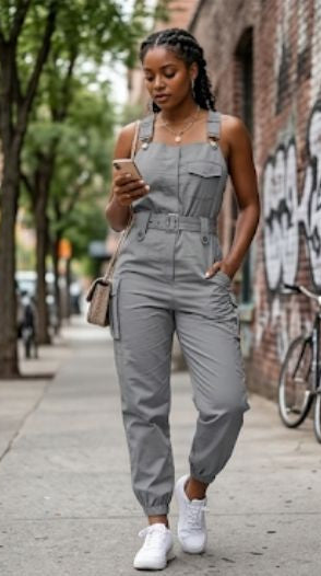 Sleeveless Solid Color Belted Women's Cargo Pocketed Overall Jumpsuit to 3X Plus Size