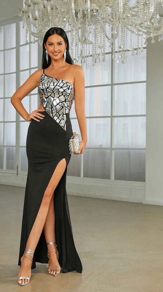 Metallic Silver/Black Asymmetrical Geometric Sequin  Cut-Out High Slit Party/Prom Formal Floor-Length Dress