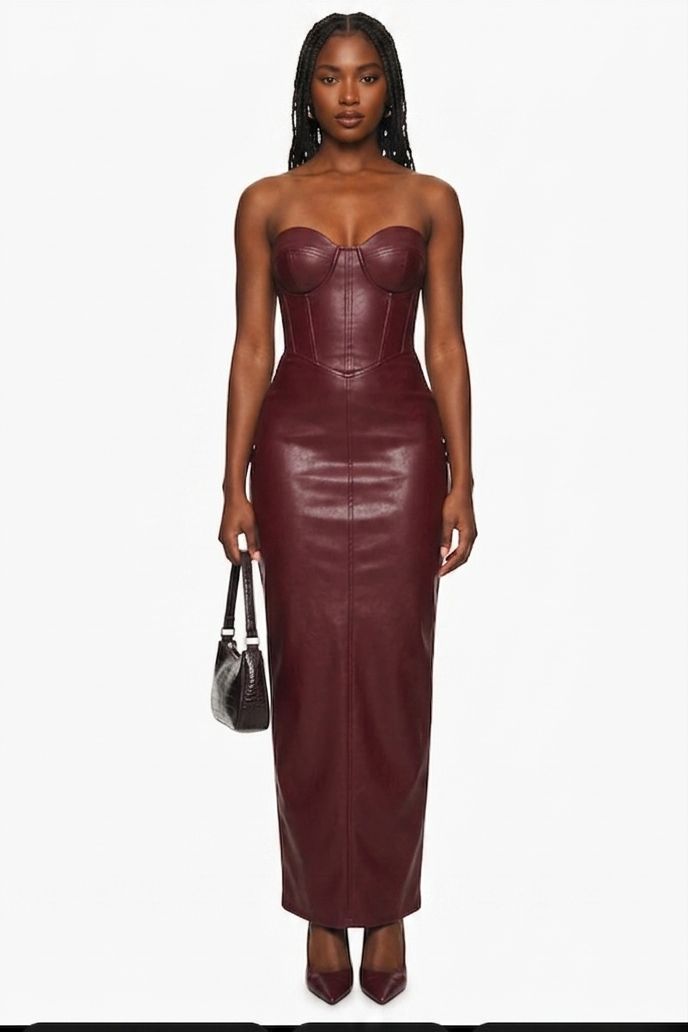 Burgundy Sleeveless PU Leather Bustier Corset Top Strapless Tube Formal Maxi Dress
