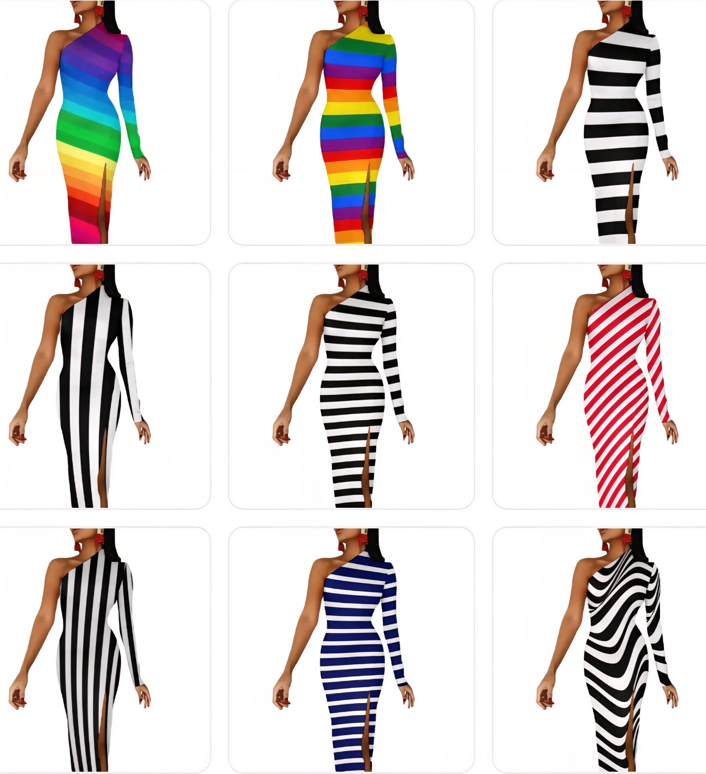 Striped/Rainbow Striped/American Flag Print One Sleeve Asymmetrical Bodycon Midi Dresses