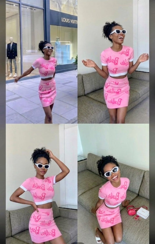 Pink "Barbie" Print U-Neck Knitted Short Sleeve Cropped Sweater+ Mini Skirt Women's 2-Piece Set