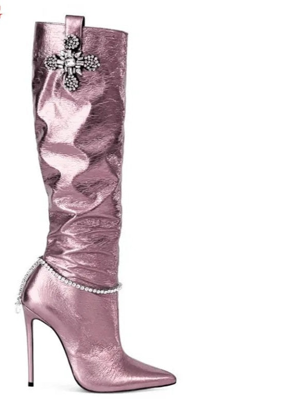 Solid Crystal Rhinestone Cross Pendant Pointed Toe High Heel Boots