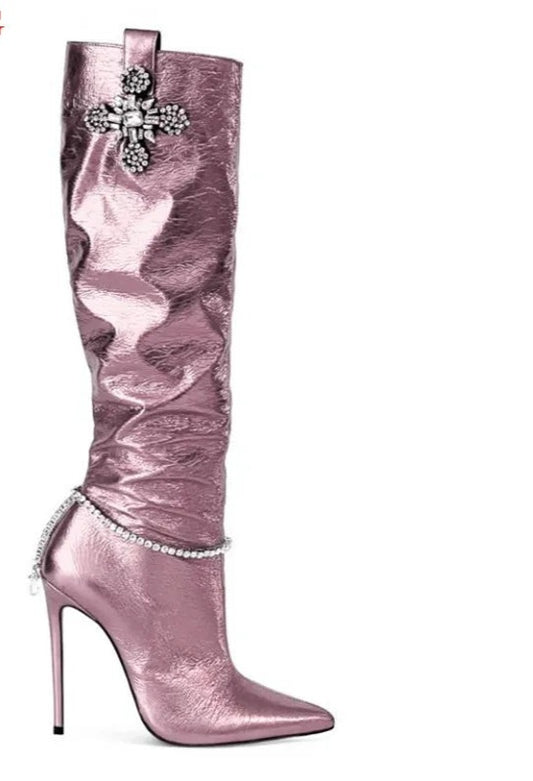 Solid Crystal Rhinestone Cross Pendant Pointed Toe High Heel Boots