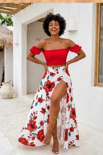 Polka Dot/Floral/Leaf/Peacock Off-the-Shoulder Short Sleeve Top & High Slit Maxi Skirt Women's 2-Piece Set to 3X Plus Size