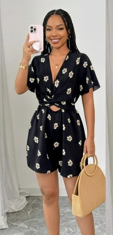 Big Flower Print Women's Short Sleeve Deep V-Neck One-Piece Shorts Romper