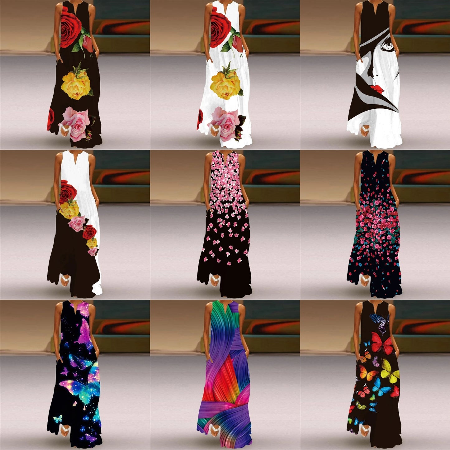 Geometric/Floral/Moon & Stars/Butterfly Print Sleeveless V-Neck Maxi Dresses to 3X Plus Size