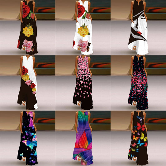 Geometric/Floral/Moon & Stars/Butterfly Print Sleeveless V-Neck Maxi Dresses to 3X Plus Size