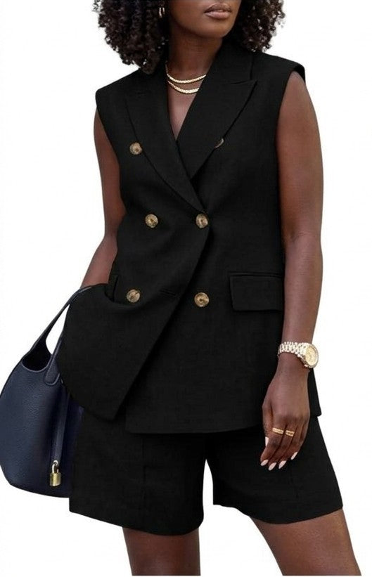 Business Button Design Double Breasted Women's Sleeveless Vest + Shorts Solid Color 2-Piece Suit