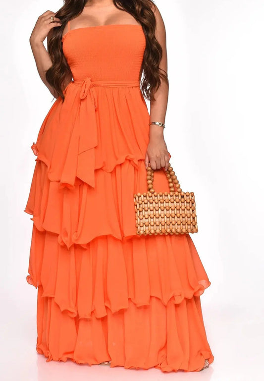 Tiered Chiffon Solid Spaghetti Strap Ruffled Big Swing Maxi Formal Party Dress