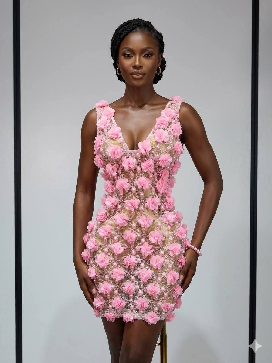 Pink/Black Flower Pearl Embroidered Sheer Transparent Lace Sleeveless Bodycon Mini Formal Party/Prom Dress