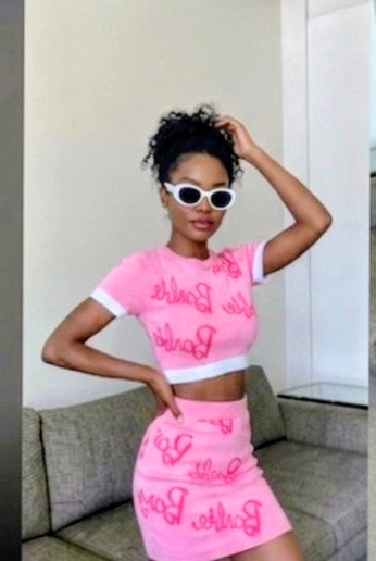 Pink "Barbie" Print U-Neck Knitted Short Sleeve Cropped Sweater+ Mini Skirt Women's 2-Piece Set