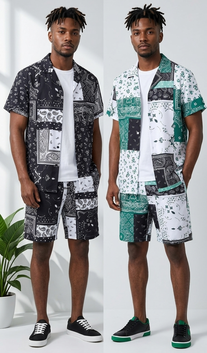 Men's Paisley Colorblock Bandana Print Turn-Down Collar Short Sleeve Shirt + Matching Shorts 2-Piece Set to 6X Big & Tall