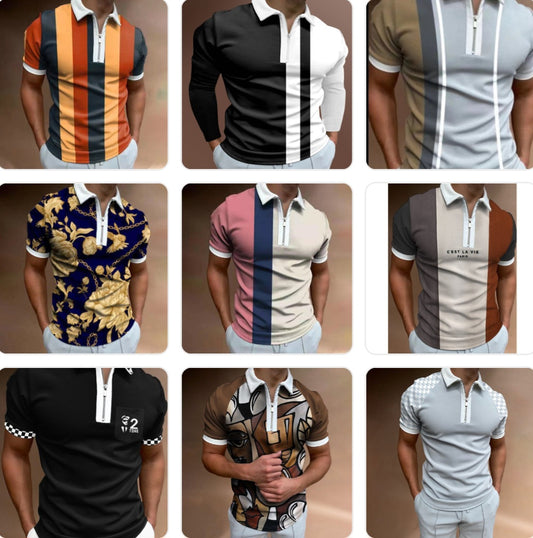 Men's Striped Colorblock Print Short Sleeve Zipper Turn-Down Collar Polo Shirts