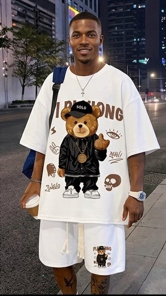 Men's Hip-Hop Teddy Bear Embroidered Short Sleeve T-Shirt+ Drawstring Shorts 2-Piece Set to 5X Big & Tall