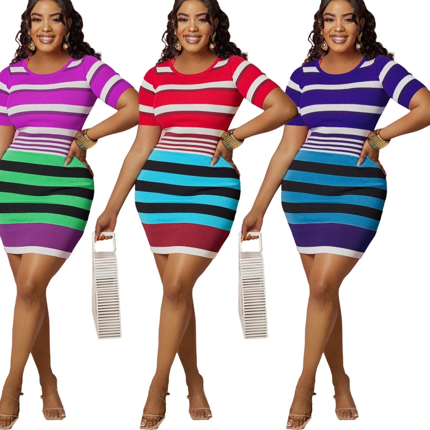 Striped Round Neck Short Sleeve Bodycon Dress