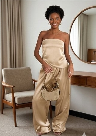 Satin Sleeveless Backless Women's Lace-Up Crop Top + Wide Leg Pants Solid Color 2-Piece Set