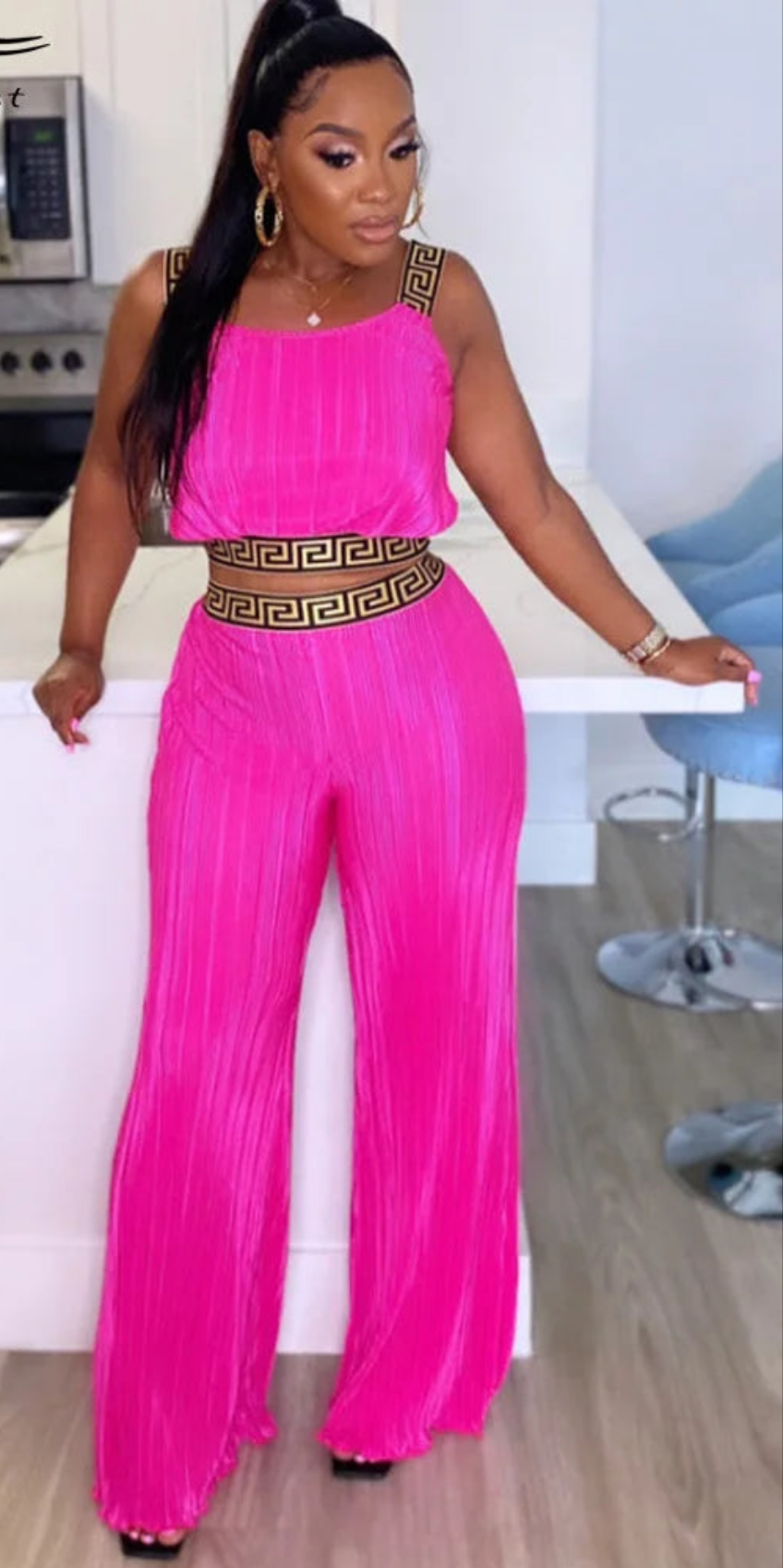 Geometric Print Trim Solid Color Sleeveless Ruched Women's Crop Halter Top + Palazzo Pants 2-Piece Set