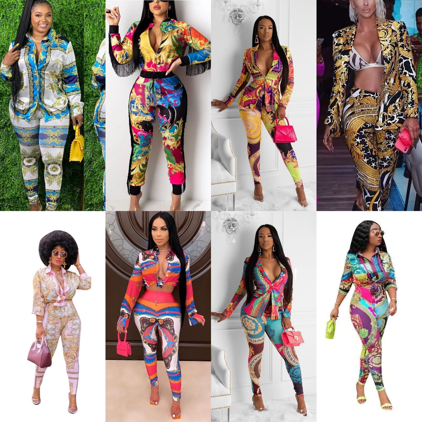 Floral Baroque Multi-Colored Turn-Down Collar Long Sleeve Blouse + Leggings 2-Piece Set