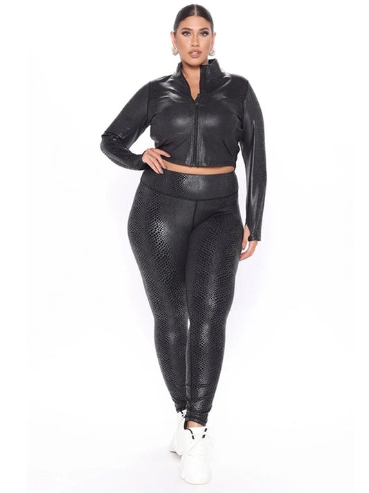 Black Faux Leather Women's Long Sleeve Crop Zipper Jacket + Stretch Leggings Tracksuit to 5X Plus Size