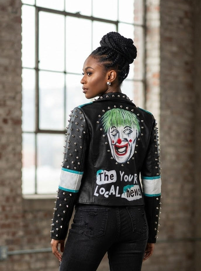 Rivet Stud Clown Print Hip-Hop Design PU Leather Women's Streetwear Biker Jacket to 3X Plus Size