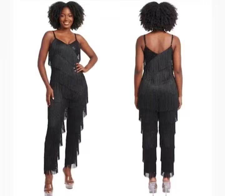 Sequined Tassel Fringe Design Sleeveless V-Neck Women's Formal Dance Jumpsuit