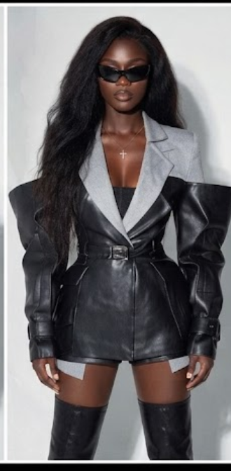 Leather Patchwork Black/Grey Irregular Hollow-Out Sleeve Design Women's Blazer Jacket