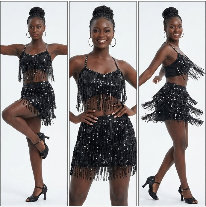 Sequin Metallic Tassel Crop Tank Top + Elastic Waist Fringe Mini Skirt Women's Formal 2-Piece Dance/Party Set