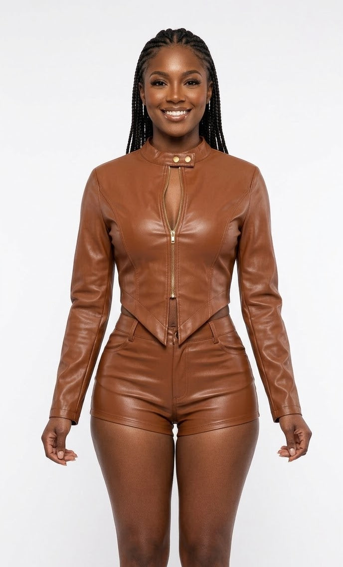 PU Leather Cropped Women's Zipper Biker Jacket + Mini Shorts 2-Piece Set