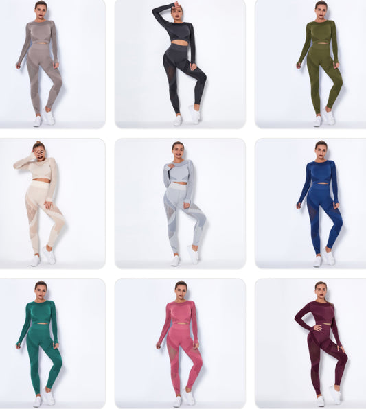 Seamless Knitted Absorbent Long Sleeve Yoga Crop Top + Workout Gym Leggings 2-Piece Set