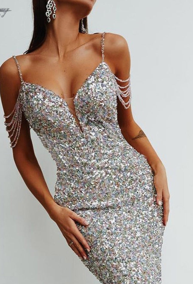 Sleeveless Sequined Bodycon Beaded Design Dress