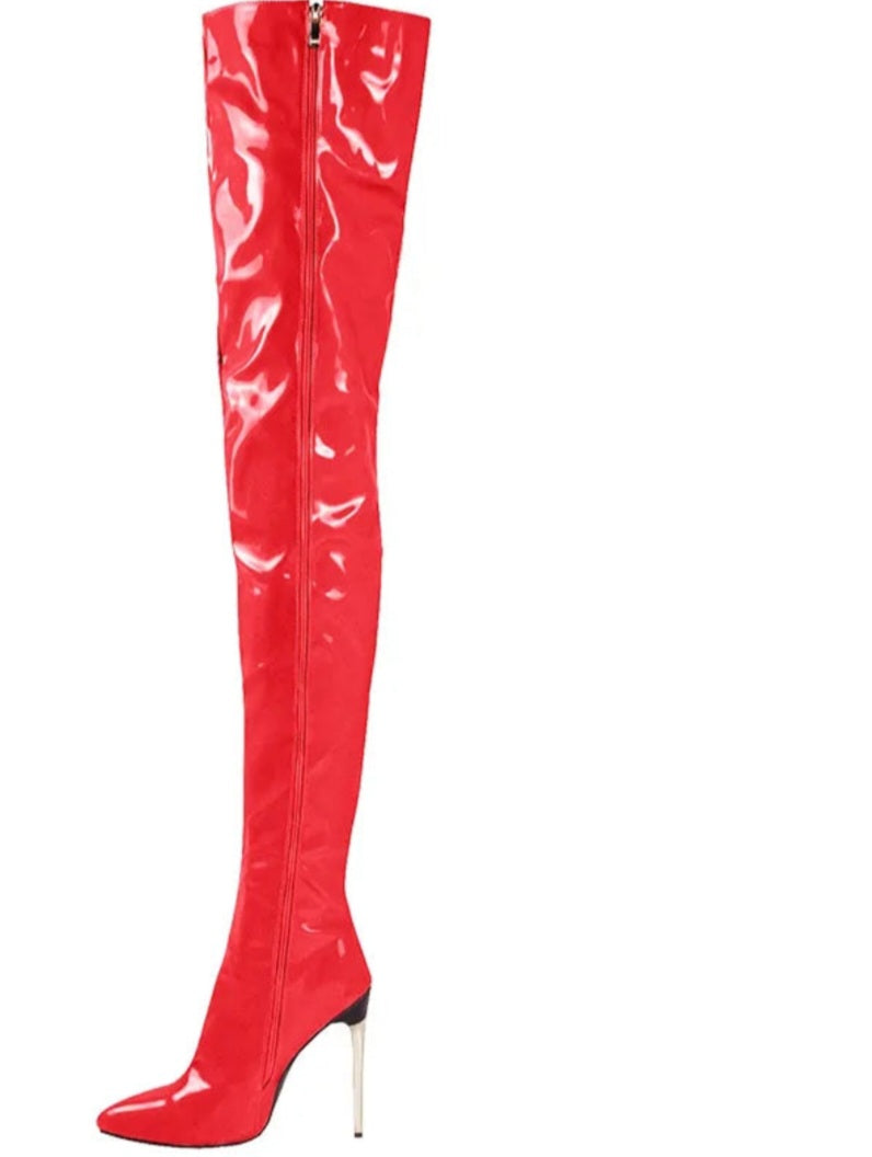 Patent Leather Over-the-Knee Women's Metal Thin Stiletto Heel Boots