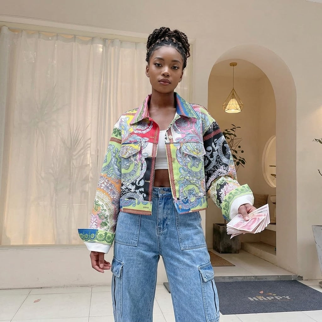 Denim Abstract Floral Baroque Print Women's Long Sleeve Turn-Down Collar Jean Jacket