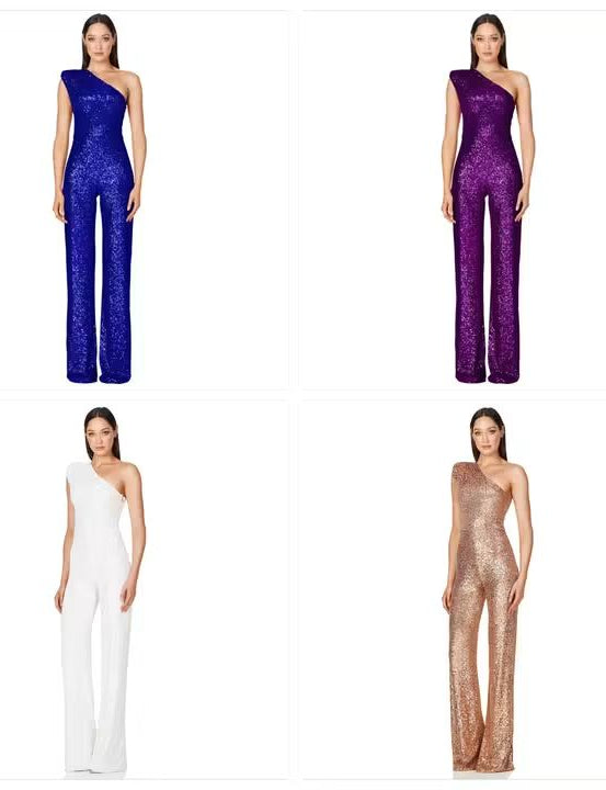 Sequin Sleeveless Sparkling Glitter Asymmetrical One Shoulder Women's Jumpsuit